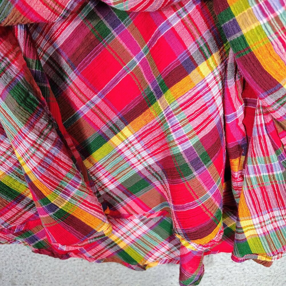 Lauren Ralph Lauren Midi Dress Women's 12 Red Multi Plaid Crinkle Surplice Neck - Picture 8 of 11